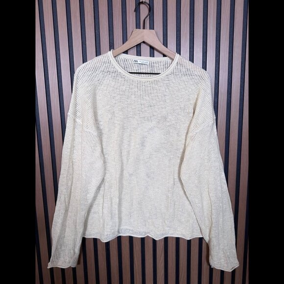 Zara Sweaters - Zara Sweater Large Womens Ivory Crotchet Knit Linen Cotton Pullover Casual